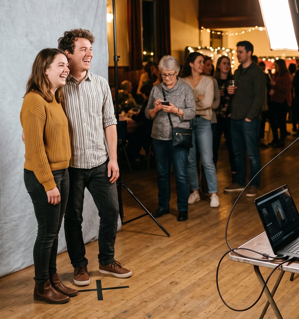 A young couple laugh together in front of a backdrop in a church hall while others wait their turn behind them, drinks in hand, under string lights.