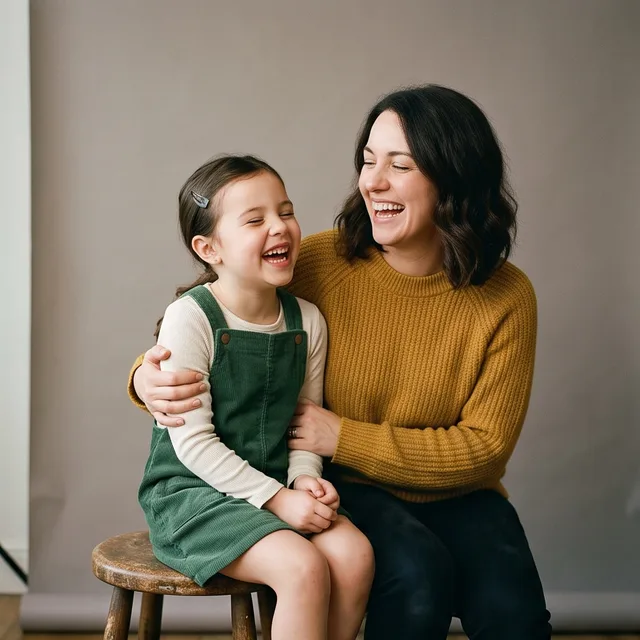 A mother and her young daughter photographed together at a pop-up studio, frame 1 of 4.