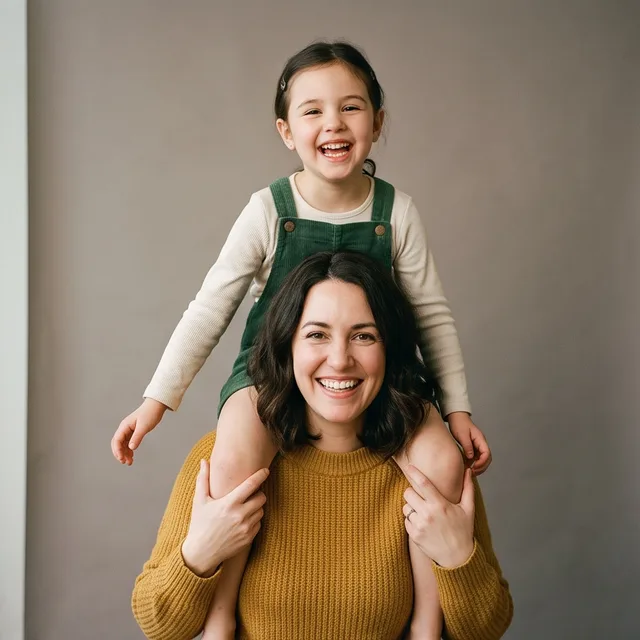 A mother and her young daughter photographed together at a pop-up studio, frame 2 of 4.