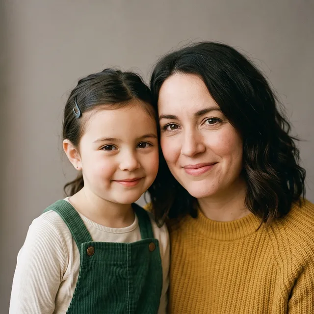 A mother and her young daughter photographed together at a pop-up studio, frame 3 of 4.