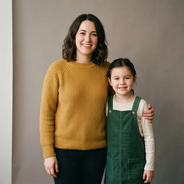 A mother and her young daughter photographed together at a pop-up studio, frame 4 of 4.