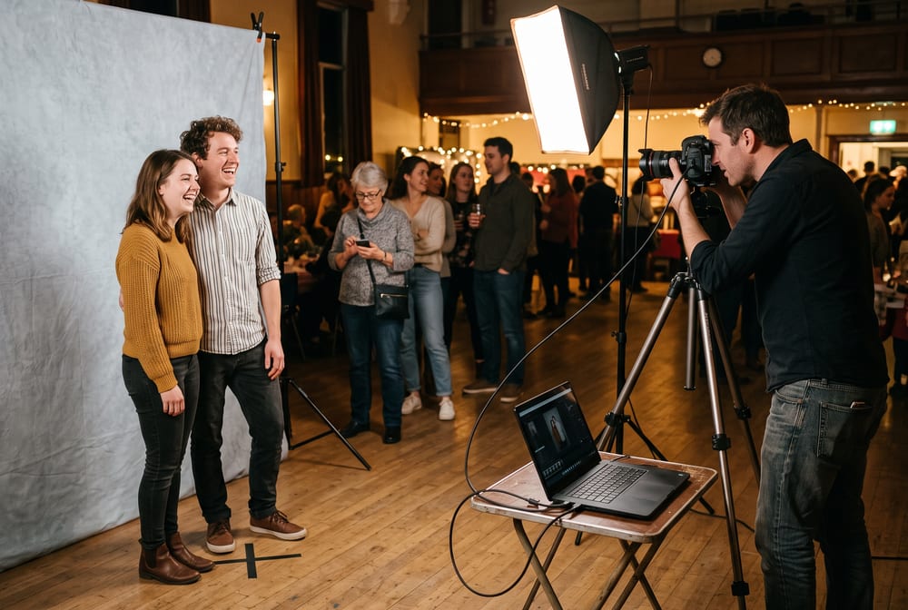 A photographer shoots a laughing couple against a backdrop in a hall while people wait in a queue behind them. A USB cable runs from the camera to a laptop on a small table.
