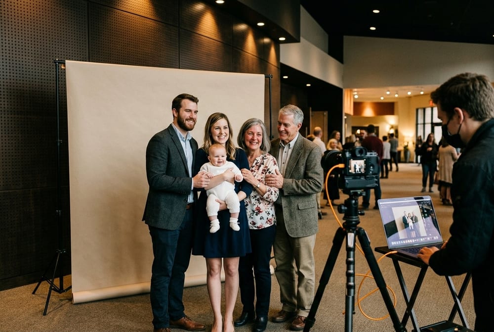 Young parents holding their baby, flanked by grandparents, photographed after a child dedication in a contemporary church foyer.