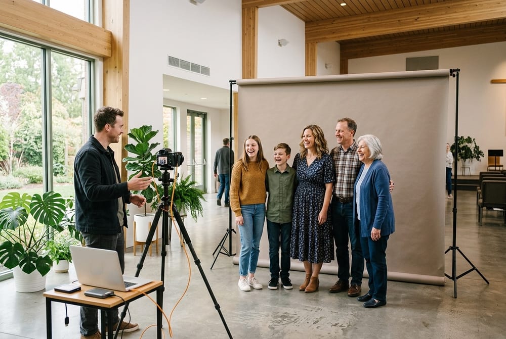 A three-generation family arranged around a smiling mum in front of a backdrop in a bright modern church foyer.